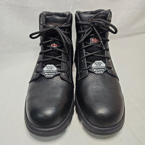 NEW Skechers Relaxed Fit Steel Toe Black Leather Work Boots Men's Size 12 - Picture 2 of 9